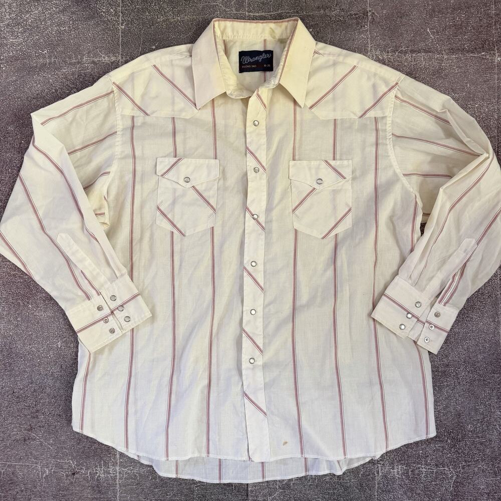 Men's Vintage Wrangler Western Wear White Pink Pearl Snap Button Up Shirt Sz 2XL